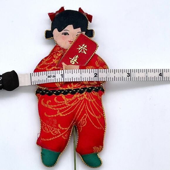 Vintage Oriental Lunar New Year Girl Red Envelope Silk Flat Figure Floral Pick - Picture 5 of 7